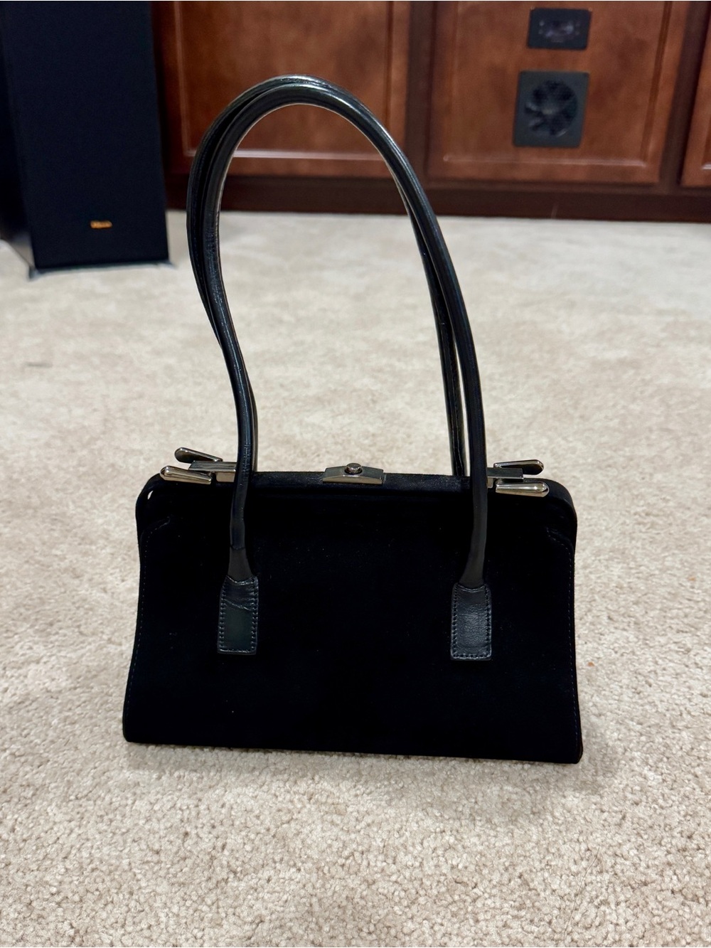 Stuart Weitzman Suede Handbag with Leather Straps and Blackened Silver Hardware